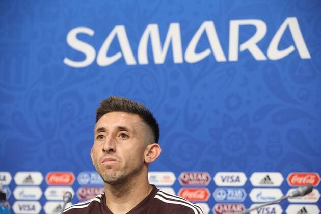 SAMARA, RUSSIA - JULY 1, 2018: Mexico s Hector Herrera during a press conference PK Pressekonferenz ahead of the 2018 FIFA World Cup WM Weltmeisterschaft Fussball Round of 16 football match against Brazil, at Samara Arena Stadium. Sergei Bobylev TASS  TS08762F