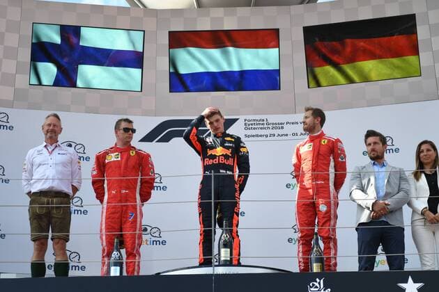 Kimi Raikkonen (Scuderia Ferrari), Max Verstappen (Aston Martin Red Bull Racing) und Sebastian Vettel (Scuderia Ferrari) bei der Siegerehrung, Formel 1 Grosser Preis von Oesterreich, Red Bull Ring, 01.07.2018.2018, Formel 1 Grosser Preis von Oesterreich, Red Bull Ring, 01.07.2018 Spielberg Copyright: xEIBNER Florian_Schustx EP_SCHUST