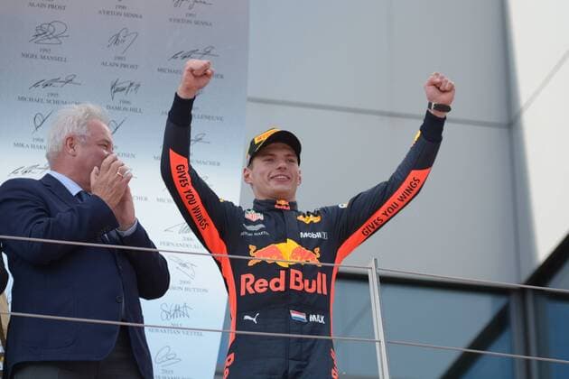 Max Verstappen (Aston Martin Red Bull Racing) jubelt auf dem Podium, Formel 1 Grosser Preis von Oesterreich, Red Bull Ring, 01.07.2018.2018, Formel 1 Grosser Preis von Oesterreich, Red Bull Ring, 01.07.2018 Spielberg Copyright: xEIBNER Florian_Schustx EP_SCHUST