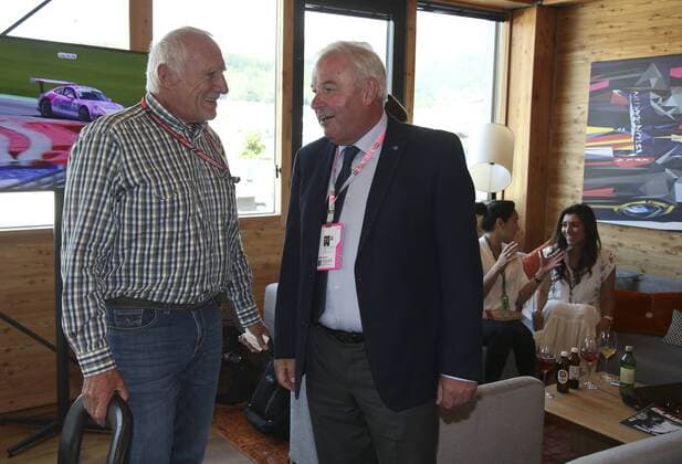 FORMULA 1 - GP of Austria 2018 SPIELBERG,AUSTRIA,01.JUL.18 - MOTORSPORTS - Grand Prix of Austria, Red Bull Ring. Image shows Dietrich Mateschitz (Red Bull) and governor Hermann Schuetzenhoefer (Styria). GEPAxpictures xWolfgangxGrebien