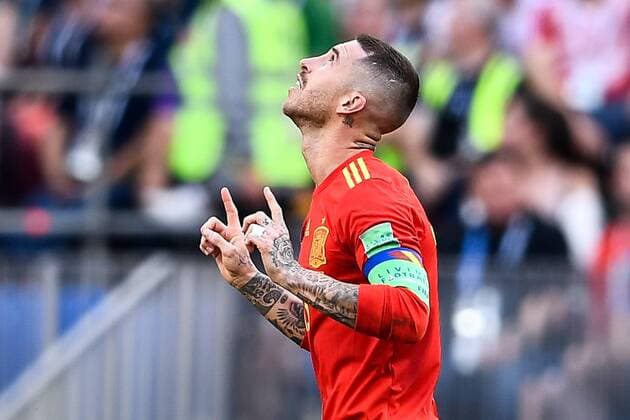 Sergio Ramos of Spain celebrates after scoring against Russia in their Round of 16 match during the 2018 FIFA World Cup WM Weltmeisterschaft Fussball in Moscow, Russia, 1 July 2018. Russia captain Igor Akinfeev saved two penalties in a dramatic shootout as the World Cup hosts dumped title contenders Spain out in the last 16 following a 1-1 draw. Veteran Russia centre-back Sergei Ignashevich gifted Spain the opening goal on 12 minutes in Moscow when he unwittingly turned into his own net after grappling with Sergio Ramos. Russia hit back just before the interval as Artem Dzyuba nervelessly converted a penalty awarded for a handball by Gerard Pique. Spain controlled the game as expected but struggled to create genuine chances, with Akinfeev sharp on the few occasions they did before saving from Koke and Iago Aspas to seal a 4-3 win on penalties. Russia beat Spain 4-3 on penalties to reach World Cup quarter-finals  20180701_28913