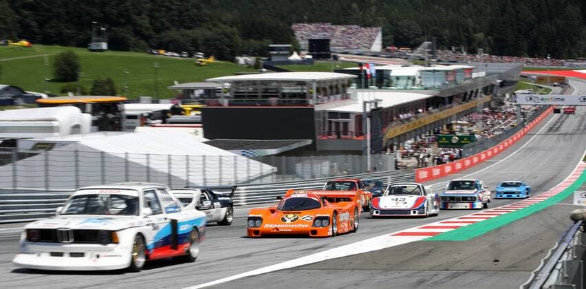 FORMULA 1 - GP of Austria 2018 SPIELBERG,AUSTRIA,01.JUL.18 - MOTORSPORTS - Grand Prix of Austria, Red Bull Ring, legends parade. Image shows Harald Grohs (BMW 320), Hans-Joachim Stuck (Porsche 956), Jochen Mass (Porsche 935) and Toine Hezemanns (BMW 3.0 CSL). GEPAxpictures xMaticxKlansek