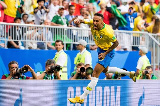 180702 Neymar of Brazil celebrates the 1-0 goal during the FIFA World Cup WM Weltmeisterschaft Fussball round of 16 match between Brazil and Mexico on July 2, 2018 in Samara. Photo: Petter Arvidson BILDBYRAN kod PA 92081 Copyright: PETTERxARVIDSON BB180702PA092