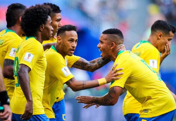 SAMARA, RUSSIA - JULY 2, 2018: Brazilian players celebrate scoring against Mexico in their 2018 FIFA World Cup WM Weltmeisterschaft Fussball Round of 16 match at Samara Arena Stadium. Sergei Bobylev TASS  TS087980