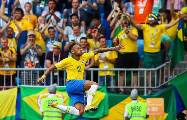 SAMARA, RUSSIA - JULY 2, 2018: Brazilâ€™s Neymar celebrates scoring against Mexico in their 2018 FIFA World Cup WM Weltmeisterschaft Fussball Round of 16 match at Samara Arena Stadium. Sergei Savostyanov TASS  TS08798B