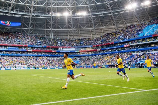 180702 Neymar of Brazil celebrates after scoring the 1-0 goal during the FIFA World Cup WM Weltmeisterschaft Fussball round of 16 match between Brazil and Mexico on July 2, 2018 in Samara. Photo: Petter Arvidson BILDBYRAN kod PA 92081 Copyright: PETTERxARVIDSON BB180702PA109