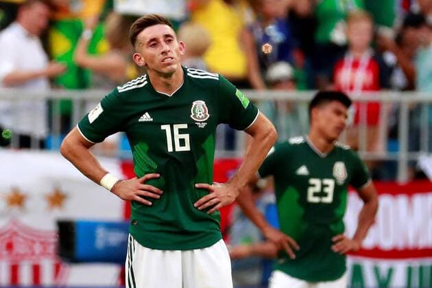 Mexican midfielder Hector Herrera (L) reacts during the FIFA World Cup WM Weltmeisterschaft Fussball 2018 round of 16 soccer match between Brazil and Mexico, at Samara Arena in Samara, Russia, 2 July 2018. BRAZIL VS. MEXICO !ACHTUNG: NUR REDAKTIONELLE NUTZUNG!  Copyright: xJosexMendezx FWC53-255 20180702-636661505549876257