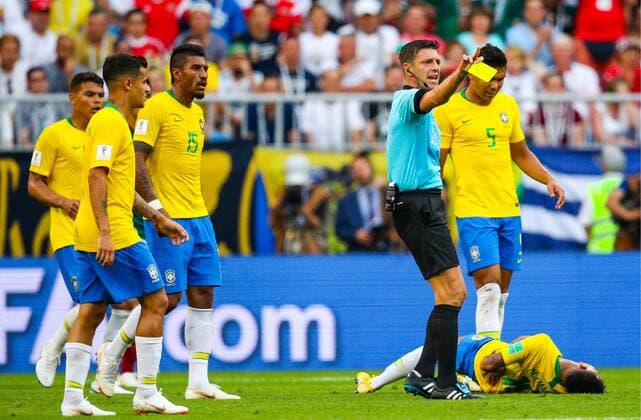 SAMARA, RUSSIA - JULY 2, 2018: Referee Gianluca Rocchi (R front standing) and Brazilian players in their 2018 FIFA World Cup WM Weltmeisterschaft Fussball Round of 16 match against Mexico at Samara Arena Stadium. Sergei Bobylev TASS  TS0879B3