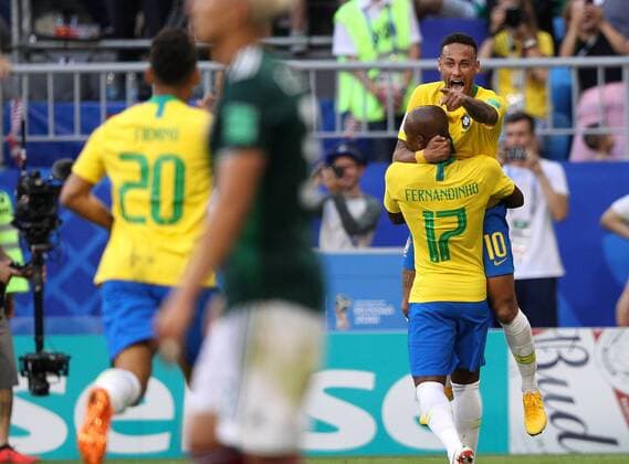 Brazil vs. Mexico SAMARA, SA - 02.07.2018: BRAZIL VS. MEXICO - Neymar do Brasil celebrates the goal of Roberto Firmino (20) during the match between Brazil and Mexico, valid for the eighth round of the 2018 World Cup held at the Samara Arena in Samara, Russia. (Photo: Rodolfo Buhrer La Imagem Fotoarena) x1560891x  RodolfoxBuhrer