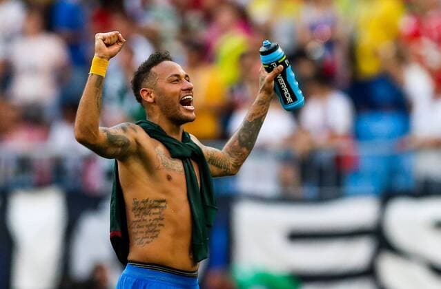 SAMARA, RUSSIA - JULY 2, 2018: Brazilâ€™s Neymar celebrates winning their 2018 FIFA World Cup WM Weltmeisterschaft Fussball Round of 16 match against Mexico with a 2-0 score at Samara Arena Stadium. Sergei Savostyanov TASS  TS0879D7