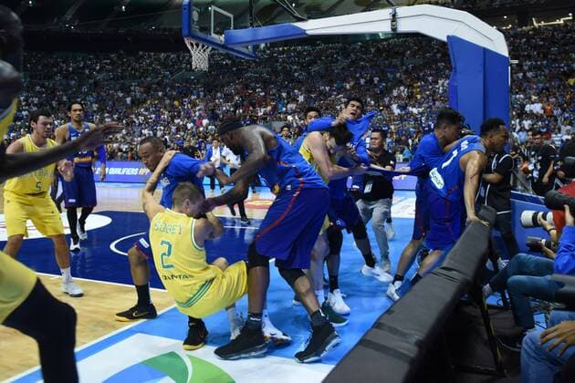 July 2, 2018 - Bulacan, Philippines - Players from benches run to their teammates who figured in a brawl during the match between Australia and the Philippines for the FIBA Asian Qualifiers held at the Philippine Arena in the province of Bulacan, north of Manila in 02 July 2018. Australia beat the Philippines by default following a brawl in the third quarter that shocked basketball fans all over the world. Philippines v Australia - FIBA Asian Qualifiers  - ZUMAn230 20180702_zaa_n230_109 Copyright: xGeorgexCalvelox