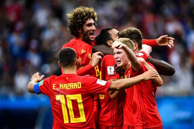 Nacer Chadli of Belgium, center, celebrates with his teammates after scoring a goal against Japan in their Round of 16 match during the 2018 FIFA World Cup WM Weltmeisterschaft Fussball in Rostov, Russia, 2 July 2018. Belgium threw caution to the wind to reach the World Cup quarter-finals as substitute Nacer Chadli scored in the dying seconds against Japan to snatch a 3-2 comeback win and set up a clash with five-time champions Brazil. The distraught Japanese, who went 2-0 up with goals by Genki Haraguchi and Takashi Inui early in the second half, fell to the turf after Chadli poked the ball home from Thomas Meunier s cross four minutes into added time at the Rostov Arena. Belgium downs Japan with Nacer Chadli s injury time goal capping historic comeback  20180703_67362