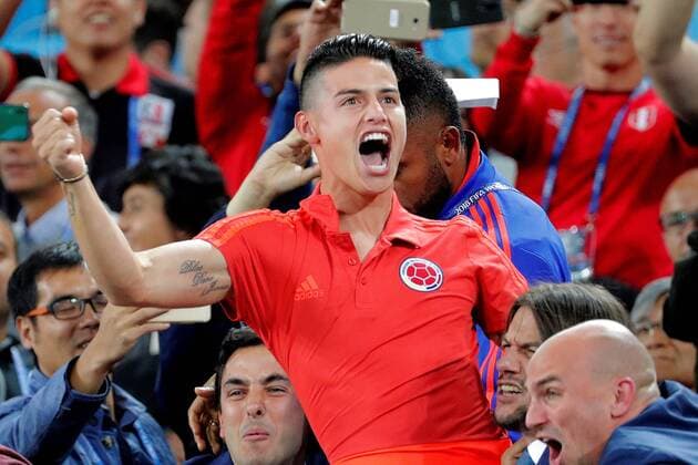 Sport - Bilder des Tages Colombian midfielder James Rodriguez celebrates the 1-1 during the FIFA World Cup WM Weltmeisterschaft Fussball 2018 round of 16 soccer match between Colombia and England, at Spartak Stadium in Moscu, Russia, 3 July 2018. COLOMBIA VS. ENGLAND !ACHTUNG: NUR REDAKTIONELLE NUTZUNG!  Copyright: xLavandeiraxjrx FWC55-191 20180703-636662528243205416