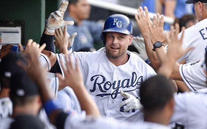 July 3, 2018 - Kansas City, MO, USA - The Kansas City Royals Lucas Duda is congratulated in the dugout after hitting a two-run home run in the first inning against the Cleveland Indians on Tuesday, July 3, 2018, at Kauffman Stadium in Kansas City, Mo. Cleveland at Kansas City - ZUMAm67_ 20180703_zaf_m67_022 Copyright: xJohnxSleezerx