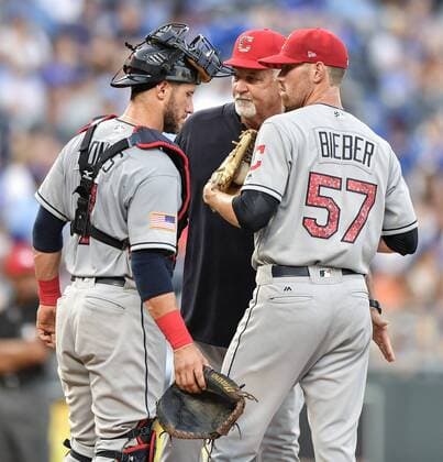 July 3, 2018 - Kansas City, MO, USA - Cleveland Indians starting pitcher Shane Bieber (57) receives a visit to the mound from catcher Yan Gomes and pitching coach Carl Willis in the second inning against the Kansas City Royals on Tuesday, July 3, 2018, at Kauffman Stadium in Kansas City, Mo. Cleveland at Kansas City - ZUMAm67_ 20180703_zaf_m67_046 Copyright: xJohnxSleezerx