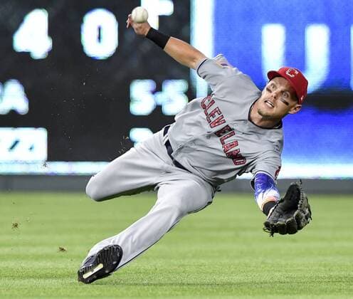 July 3, 2018 - Kansas City, MO, USA - Cleveland Indians right fielder Brandon Guyer dives for a fly ball out on the Kansas City Royals Jorge Bonifacio to end the fifth inning on Tuesday, July 3, 2018, at Kauffman Stadium in Kansas City, Mo. Cleveland at Kansas City - ZUMAm67_ 20180703_zaf_m67_049 Copyright: xJohnxSleezerx