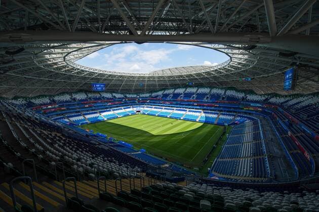 1 Jahr bis WM 2022: Historie, Stadien und Architektur 180705 Interior view of Samara Arena during the FIFA World Cup WM Weltmeisterschaft Fussball on July 5, 2018 in Samara. Photo: Joel Marklund BILDBYRN kod JM 87749 Copyright: JOELxMARKLUND BB180705JM008