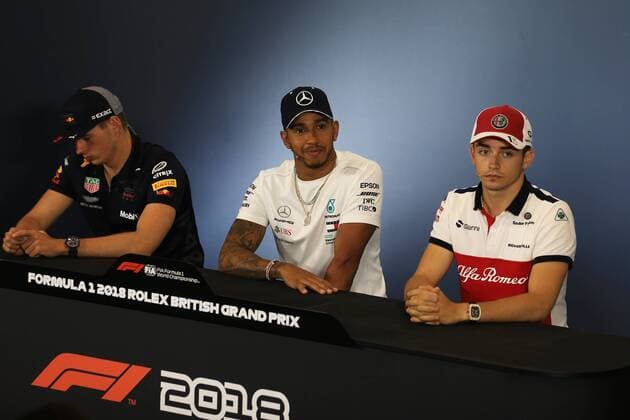 5th July 2018, Silverstone Circuit, Silverstone, England; British Formula One Grand Prix, driver arrivals and press conference PK Pressekonferenz Aston Martin Red Bull Racing TAG Heuer, Max Verstappen, Mercedes AMG Petronas Motorsport, Lewis Hamilton and Alfa Romeo Sauber F1 Team, Charles Leclerc  ActionPlus12044244 Octane