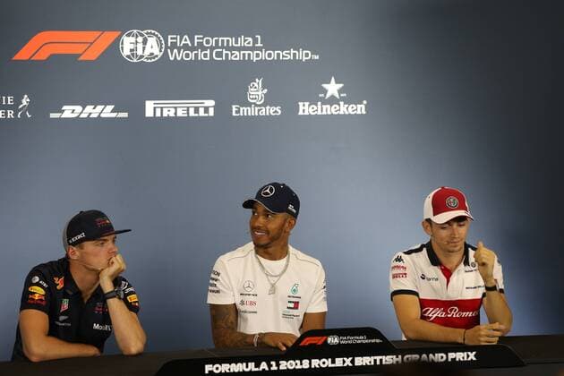 Photo4 LaPresse 05 07 2018 Silverstone, England Grand Prix Formula One England 2018 In the pic: Official Fia press conference PK Pressekonferenz L to R Max Verstappen (NED) Red Bull Racing RB14, Lewis Hamilton (GBR) Mercedes AMG F1 W09 , Charles Leclerc (GER) Alfa Romeo Sauber C37  Copyright: xPhoto4 LaPressex