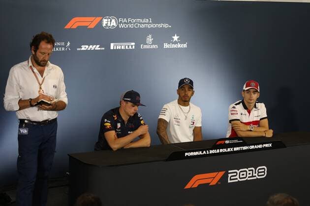 Photo4 LaPresse 05 07 2018 Silverstone, England Grand Prix Formula One England 2018 In the pic: Official Fia press conference PK Pressekonferenz L to R Matteo Bonciani (ITA), F1 Head of Communications, Max Verstappen (NED) Red Bull Racing RB14, Lewis Hamilton (GBR) Mercedes AMG F1 W09 and Charles Leclerc (GER) Alfa Romeo Sauber C37  Copyright: xPhoto4 LaPressex