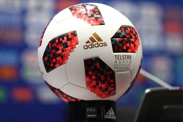 SOCHI, RUSSIA - JULY 6, 2018: Telstar Mechta, the official match ball, on display at a press conference PK Pressekonferenz by the Russian national football team at Sochi s Fisht Olympic Stadium ahead of their 2018 FIFA World Cup WM Weltmeisterschaft Fussball quarterfinal match against Croatia. Mikhail Tereshchenko TASS  TS088291