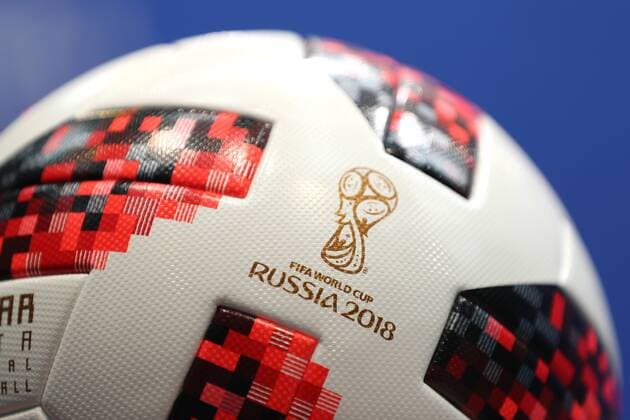 SOCHI, RUSSIA - JULY 6, 2018: Telstar Mechta, the official match ball, on display at a press conference PK Pressekonferenz by the Russian national football team at Sochi s Fisht Olympic Stadium ahead of their 2018 FIFA World Cup WM Weltmeisterschaft Fussball quarterfinal match against Croatia. Mikhail Tereshchenko TASS  TS088292