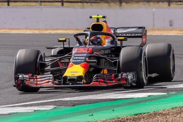 6th July 2018, Silverstone Circuit, Silverstone, England; British Formula One Grand Prix, Friday free practice; Max Verstappen in his Aston Martin Red Bull Racing Red Bull Racing TAG Heuer RB14  ActionPlus12044469 TimxWilliams