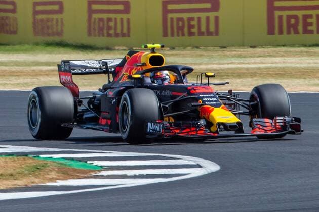6th July 2018, Silverstone Circuit, Silverstone, England; British Formula One Grand Prix, Friday free practice; Max Verstappen in his Aston Martin Red Bull Racing Red Bull Racing TAG Heuer RB14  ActionPlus12044459 TimxWilliams