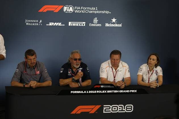 Photo4 LaPresse 06 07 2018 Silverstone, England Grand Prix Formula One England 2018 In the pic: Official Fia press conference PK Pressekonferenz L to R Guenther Steiner (ITA) Haas F1 Team Prinicipal, Vijay Mallya (IND) Sahara Force India F1 Team Owner, Zak Brown (USA) McLaren Executive Director and Claire Williams (GBR) Williams Deputy Team Principa  Copyright: xPhoto4 LaPressex
