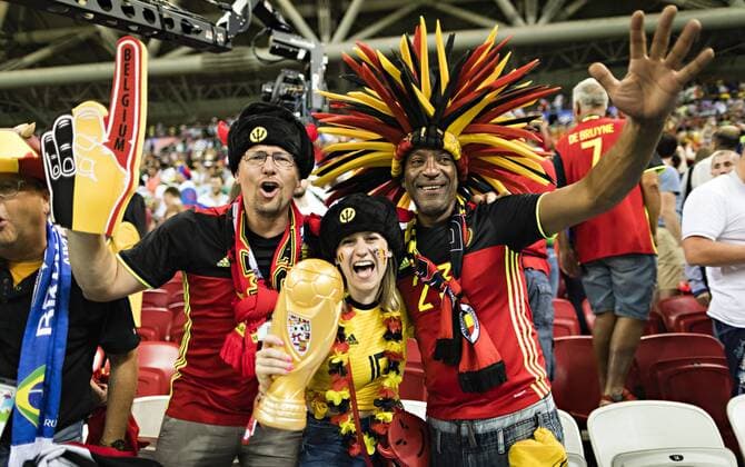 Kasan, 06.07.2018 Belgische Fans feiern den Sieg über Brasilien Brasilien - Belgien *** Kazan 06 07 2018 Belgian fans celebrate victory over Brazil Brazil Belgium