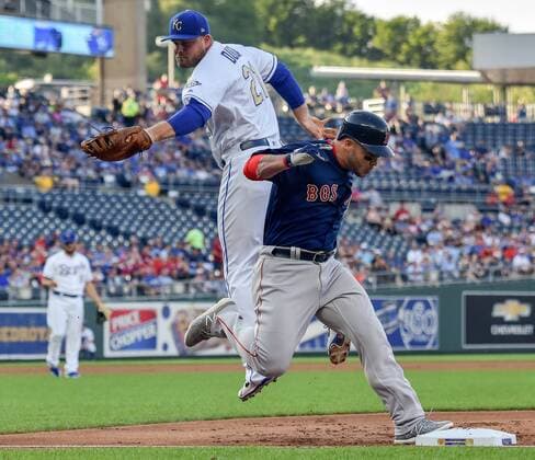 Sport-Bilder des Tages July 6, 2018 - Kansas City, MO, USA - The Boston Red Sox s Steve Pearce reaches first under the tag of Kansas City Royals first baseman Lucas Duda on a ground ball single in the first inning on Friday, July 6, 2018, at Kauffman Stadium in Kansas City, Mo. Boston at Kansas City - ZUMAm67_ 20180706_zaf_m67_019 Copyright: xJohnxSleezerx