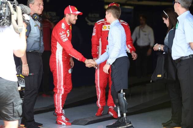 Photo4 LaPresse 07 07 2018 Silverstone, England Grand Prix Formula One England 2018 In the pic: Billy Monger (GBR) and Sebastian Vettel (GER) Scuderia Ferrari SF71H  Copyright: xPhoto4 LaPressex