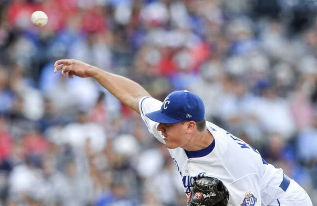 July 7, 2018 - Kansas City, MO, USA - Kansas City Royals pitcher Brad Keller works in the first inning against the Boston Red Sox at Kauffman Stadium in Kansas City, Mo., on Saturday, July 7, 2018. Boston at Kansas City - ZUMAm67_ 20180707_zaf_m67_029 Copyright: xJohnxSleezerx