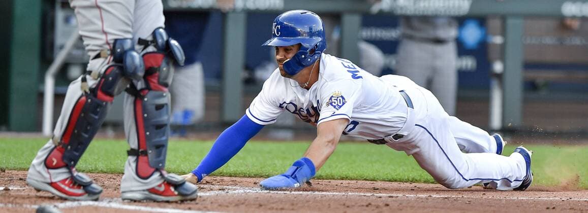 July 7, 2018 - Kansas City, MO, USA - The Kansas City Royals Whit Merrifield scores on a single by Mike Moustakas in the third inning against the Boston Red Sox at Kauffman Stadium in Kansas City, Mo., on Saturday, July 7, 2018. Boston at Kansas City - ZUMAm67_ 20180707_zaf_m67_035 Copyright: xJohnxSleezerx