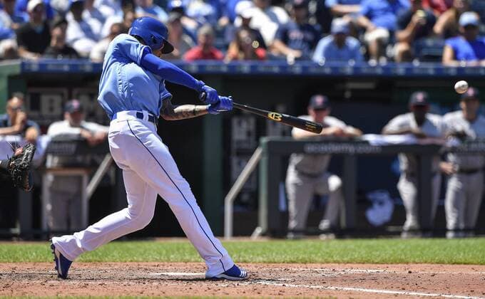 July 8, 2018 - Kansas City, MO, USA - Kansas City Royals Adalberto Mondesi connects on an RBI single to score Alex Gordon in the fourth inning during Sunday s baseball game against the Boston Red Sox on July 8, 2018, at Kauffman Stadium in Kansas City, Mo. Red Sox vs Royals - ZUMAm67_ 20180708_zaf_m67_001 Copyright: xJohnxSleezerx