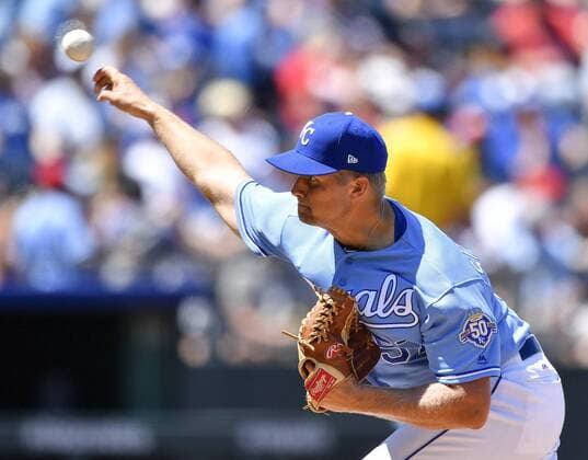 July 8, 2018 - Kansas City, MO, USA - Kansas City Royals relief pitcher Glenn Sparkman throws in the fifth inning during Sunday s baseball game against the Boston Red Sox on July 8, 2018, at Kauffman Stadium in Kansas City, Mo. Red Sox vs Royals - ZUMAm67_ 20180708_zaf_m67_003 Copyright: xJohnxSleezerx