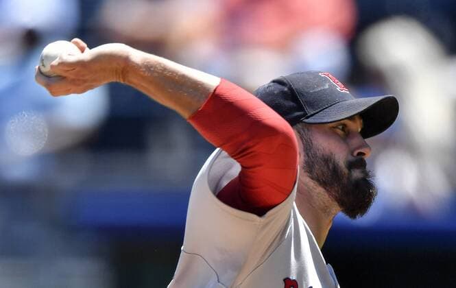 July 8, 2018 - Kansas City, MO, USA - Boston Red Sox starting pitcher Rick Porcello throws in the first inning during Sunday s baseball game against the Kansas City Royals on July 8, 2018, at Kauffman Stadium in Kansas City, Mo. Red Sox vs Royals - ZUMAm67_ 20180708_zaf_m67_021 Copyright: xJohnxSleezerx