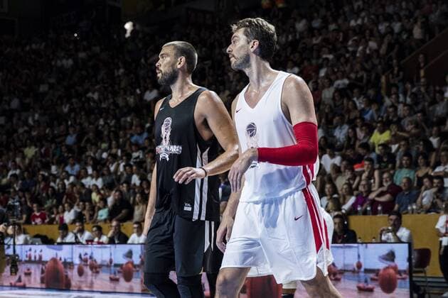 July 8, 2018 - Barcelona, Spain - Pau Gasol from Spain of San Antonio Spurs with Marc Gasol from Spain of Memphis Grizzlies during the charity and friendly match Pau Gasol vs Marc Gasol, with European and American NBA Basketball Herren USA players to help young basketball players and developing teams in Fontajau Pavillion, Girona on 8 of July of 2018. Pau Gasol vs Marc Gasol - Basketball  - ZUMAn230 20180708_zaa_n230_519 Copyright: xXavierxBonillax