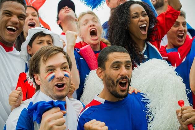 French football fans cheering at match  Copyright: FrédéricxCirou B53077731