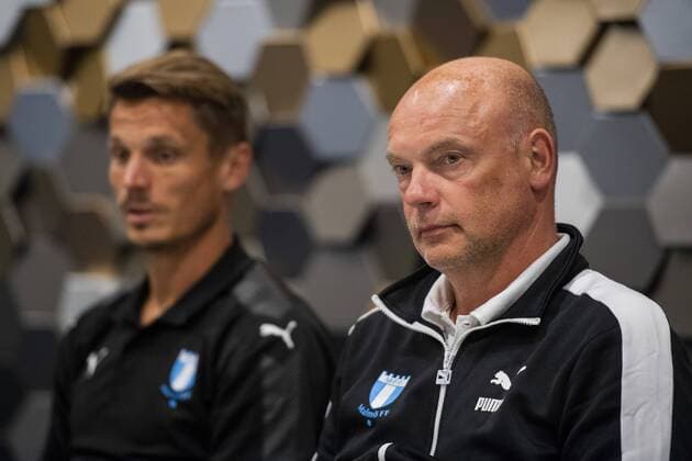 180709 Markus Rosenberg and head coach Uwe Rösler of Malmö FF during a press conference PK Pressekonferenz ahead of the UEFA Champions League qualifying match between FC Drita and Malmö FF on July 9, 2018 in Pristina. Photo: Ludvig Thunman BILDBYRN kod LT 92085 Copyright: LUDVIGxTHUNMAN BB180709LT049
