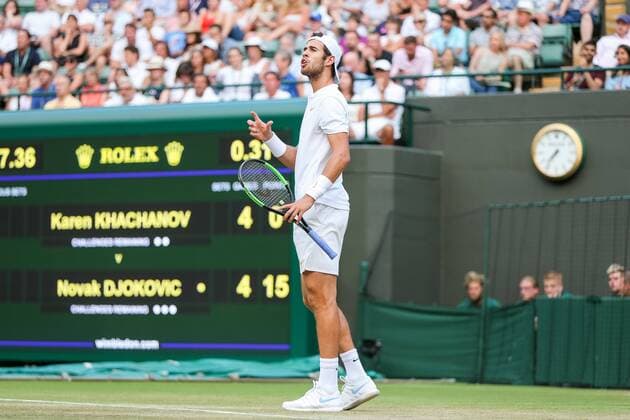 Karen Khachanov (RUS), JULY 9, 2018 - Tennis : Karen Khachanov of Russia during the Men s singles fourth round match of the Wimbledon Lawn Tennis Championships against Novak Djokovic of Serbia at the All England Lawn Tennis and Croquet Club in London, England. Noxthirdxpartyxsales  (81808772)