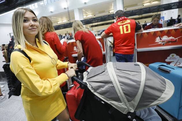 Kevin De Bruyne s wife Michele Lacroix pictured at the departure of a fan flight to Saint-Petersburg, Russia, for the semi final match between the French national soccer team Les Bleus and Belgian national soccer team the Red Devils, at Brussels Airport, Zaventem, Tuesday 10 July 2018. THIERRYxROGE  x05381391x