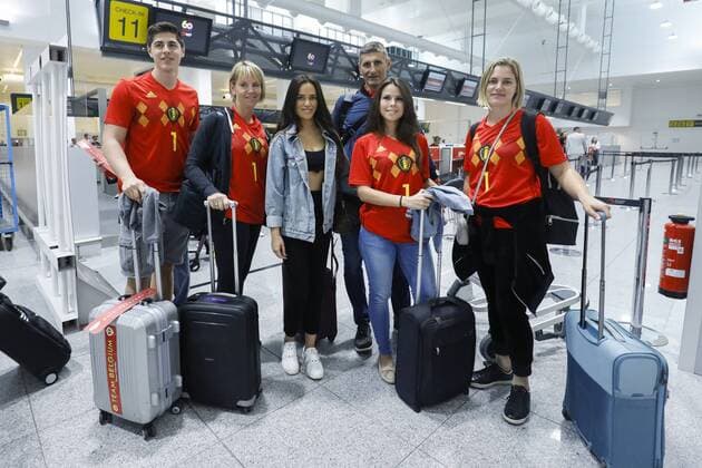 Courtois family (L-R) Gaetan, Gitte, Marta Dominguez, Thierry, Kirsten Briers and Valerie pictured at the departure of a fan flight to Saint-Petersburg, Russia, for the semi final match between the French national soccer team Les Bleus and Belgian national soccer team the Red Devils, at Brussels Airport, Zaventem, Tuesday 10 July 2018. THIERRYxROGE  x05381388x