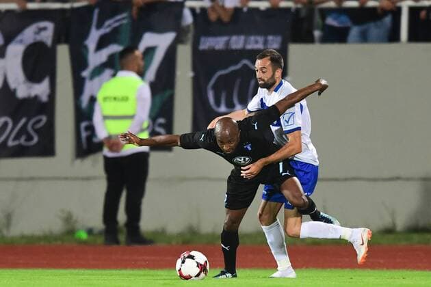 180710 Fouad Bachirou of Malmö FF and Xhevdet Shabani of Drita during the UEFA Champions League qualifying match between FC Drita and Malmö FF on July 10, 2018 in Pristina. Photo: Ludvig Thunman BILDBYRAN kod LT 92086 Copyright: LUDVIGxTHUNMAN BB180710LT027