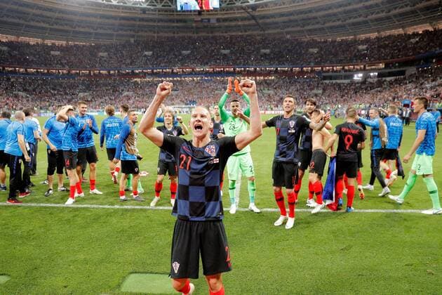 WM 2018, Kroatien - England Croatian players celebrate at the end of the FIFA World Cup WM Weltmeisterschaft Fussball 2018 semi-finals soccer match between Croatia and England, at Luzhniki Stadium in Moscu, Russia, 11 July 2018. CROATIA VS. ENGLAND !ACHTUNG: NUR REDAKTIONELLE NUTZUNG!  Copyright: xLavandeiraxjrx FWC62-228 20180711-636669460947610054