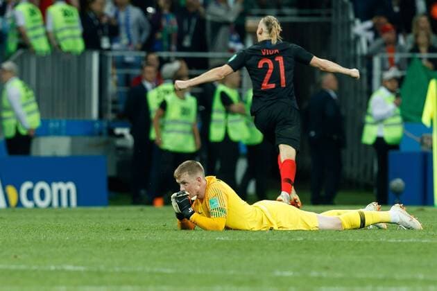 WM 2018, Kroatien - England Moskau, Russland, 11.07.2018, FIFA Weltmeisterschaft, Halbffinale, Kroatien - England, Torwart Jordan Pickford (ENG) nach der 2:1 niederlage, enttaeuscht ( DeFodi507