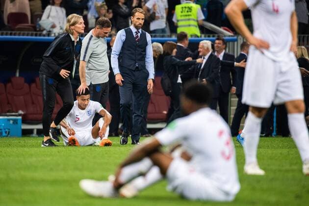 WM 2018, Kroatien - England 180711 Jesse Lingard and head coach Gareth Southgate of England look dejected after loosing the FIFA World Cup WM Weltmeisterschaft Fussball semi final match between Croatia and England on July 11, 2018 in Moscow. Photo: Petter Arvidson BILDBYRAN kod PA 92085 Copyright: PETTERxARVIDSON BB180711PA184
