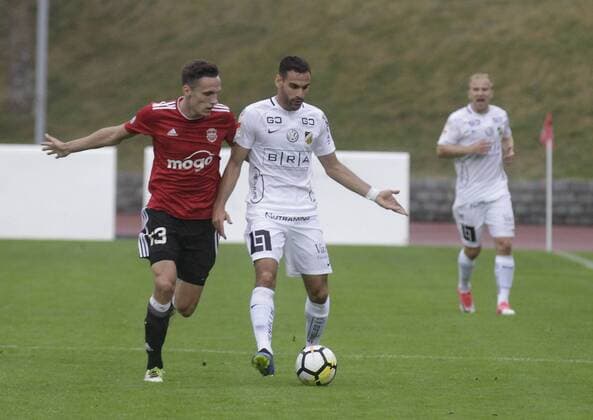 180712 Liepajas Krisjanis Zviedris (L) and Häckens Mervan Celik during the UEFA Europa League qualifying match between Liepaja vs Häcken on 12th of July 2018 in Liepaja, Latvia Copyright: ValdaxKalnina BB180712BB541