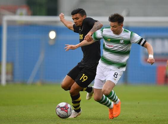 180712 Ronan Finn of Shamrock Rovers in action against Ahmed Yasin of AIK during the UEFA Europa League 1st Qualifying Round First Leg match between Shamrock Rovers and AIK on July 12, 2018 in Dublin. Copyright: RayxMcManus BB180712BB623