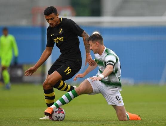 180712 Ronan Finn of Shamrock Rovers in action against Ahmed Yasin of AIK during the UEFA Europa League 1st Qualifying Round First Leg match between Shamrock Rovers and AIK on July 12, 2018 in Dublin. Copyright: RayxMcManus BB180712BB624
